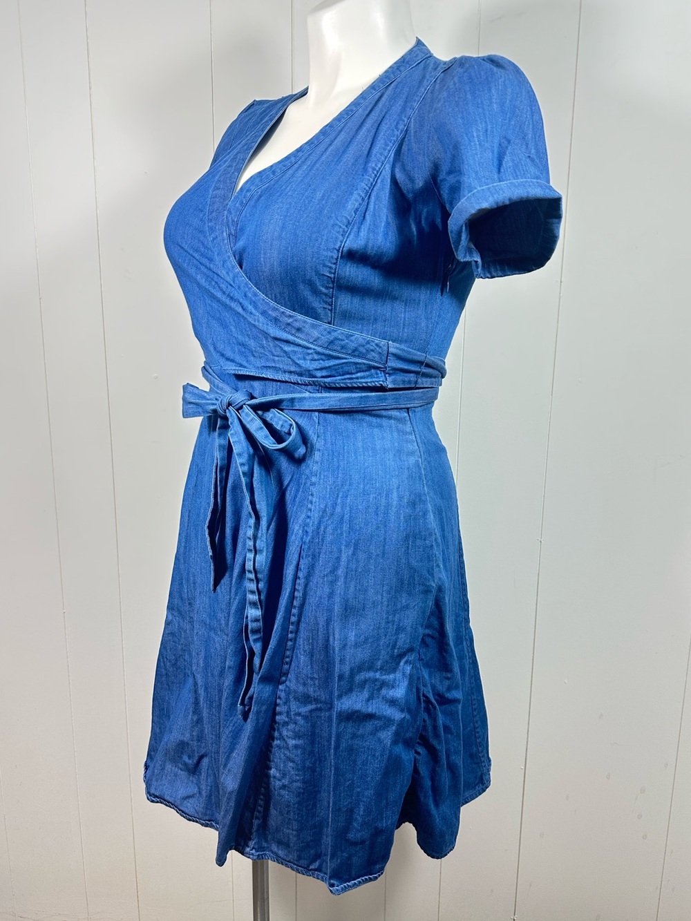 Boden Sz 8R Denim Fit & Flare Faux Wrap Cotton Dress Women’s Blue Short Sleeve - Picture 7 of 15
